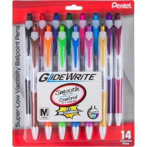 Pentel GlideWrite Ballpoint Pen, (1.0mm) Medium Line, Assorted Ink, Pack of 14 (BX910BP14M1)(Assorted All)
