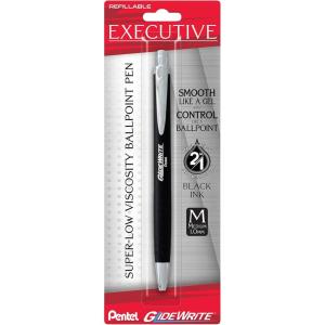 Pentel Glidewrite Executive Ballpoint Pen, (1.0mm) Medium, Silver Metal Barrel, Black Ink, Pack of 1 (BX970ZBP)(Black Barrel)