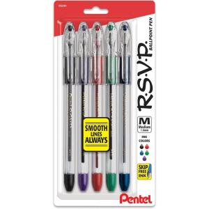 Pentel RSVP Ballpoint Pen, (1.0mm), Medium Line, Black Ink, Pack of 5 (BK91BP5A)(Assorted)