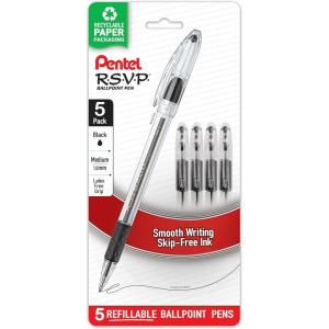 Pentel RSVP Ballpoint Pen, (1.0mm), Medium Line, Black Ink, Pack of 5 (BK91BP5A)(Black)