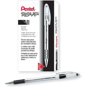 Pentel R.S.V.P. Ballpoint Stick Pen, Black Ink, Fine, Dozen
