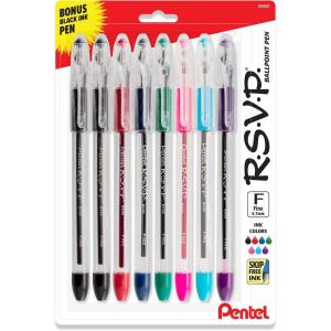 Pentel RSVP Original Ballpoint Pen, (0.7mm) Fine Line, Assorted Ink Colors, Clear Barrel, 8 Pack with Bonus Black Ink Pen