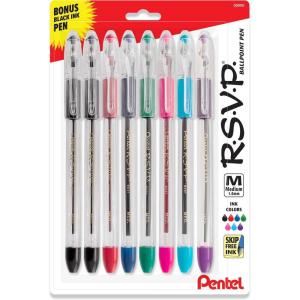 Pentel RSVP Original Ballpoint Pen, (1.0mm) Medium Line, Assorted Ink Colors, Clear Barrel, 8 Pack with Bonus Black Ink Pen