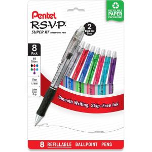 Pentel RSVP Super RT Ballpoint Pen, (0.7mm) Fine Line, Assorted Ink Colors, 8 Pack with Bonus Black Ink Pen
