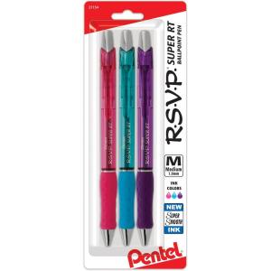 Pentel RSVP Super RT Ballpoint Pen, (1.0mm) Medium Line, Blue Ink, 2-Pk – BX480BP2C(Pink/SkyBlue/Violet)