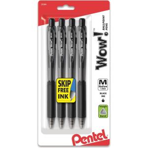 Pentel WOW! Retractable Ballpoint Pens, Medium Line, Black Ink, 4 Pack (BK440BP4A)