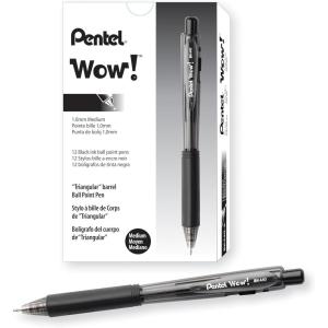 Pentel® WOW!™ Retractable Ballpoint Pens, Medium Point, 1.0 mm, Transparent Black Barrels, Black Ink, Pack Of 12(Black)