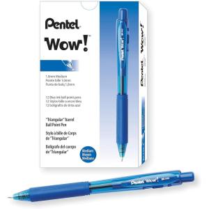 Pentel® WOW!™ Retractable Ballpoint Pens, Medium Point, 1.0 mm, Transparent Blue Barrels, Blue Ink, Pack Of 12