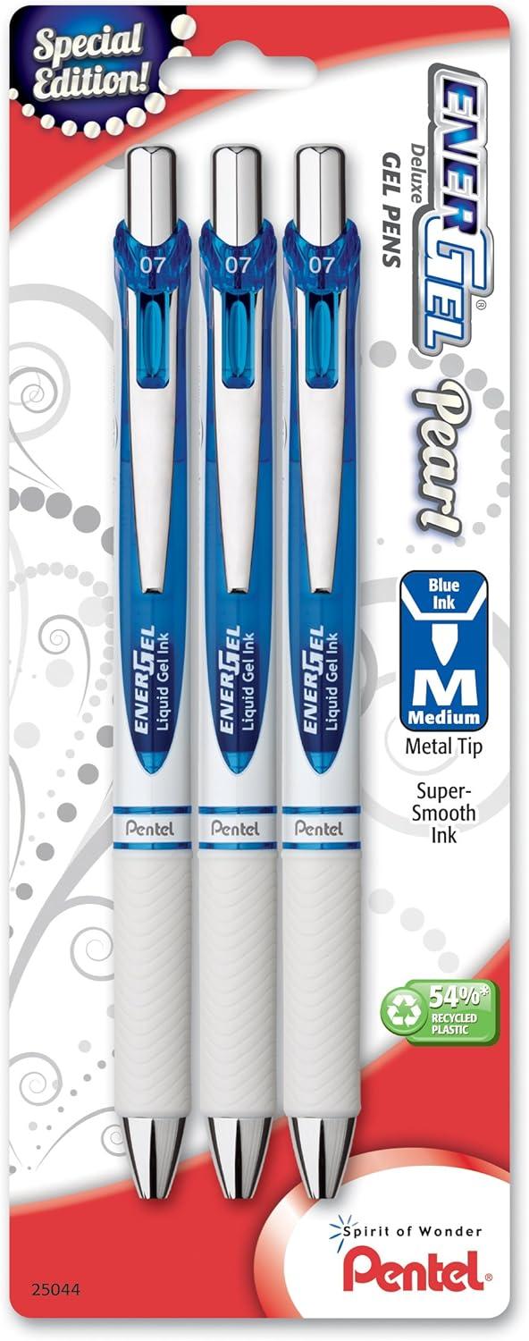 imagePentel EnerGel Pearl RTX Retractable Liquid Gel Pen 07mm Medium Line Needle Tip Assorted Ink Colors Pack of 4 BLN77WBP4MBlue