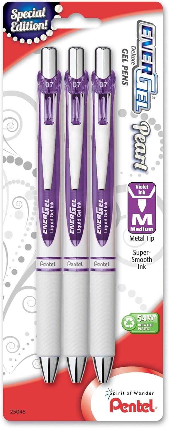 imagePentel EnerGel Pearl RTX Retractable Liquid Gel Pen 07mm Medium Line Needle Tip Assorted Ink Colors Pack of 4 BLN77WBP4MViolet