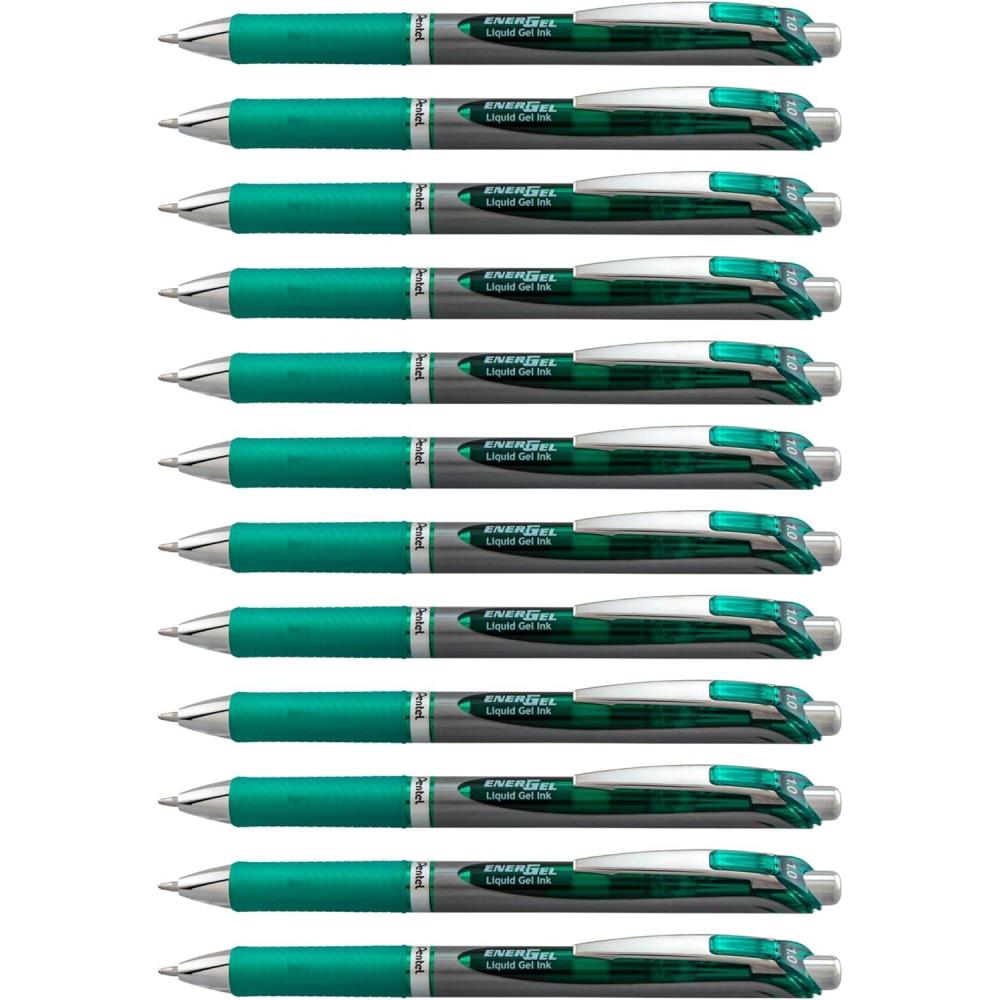 imageEnerGel RTX Retractable Liquid Gel Pens Bold Point 10 mm BlackSilver Barrel Black Ink Pack Of 12Green