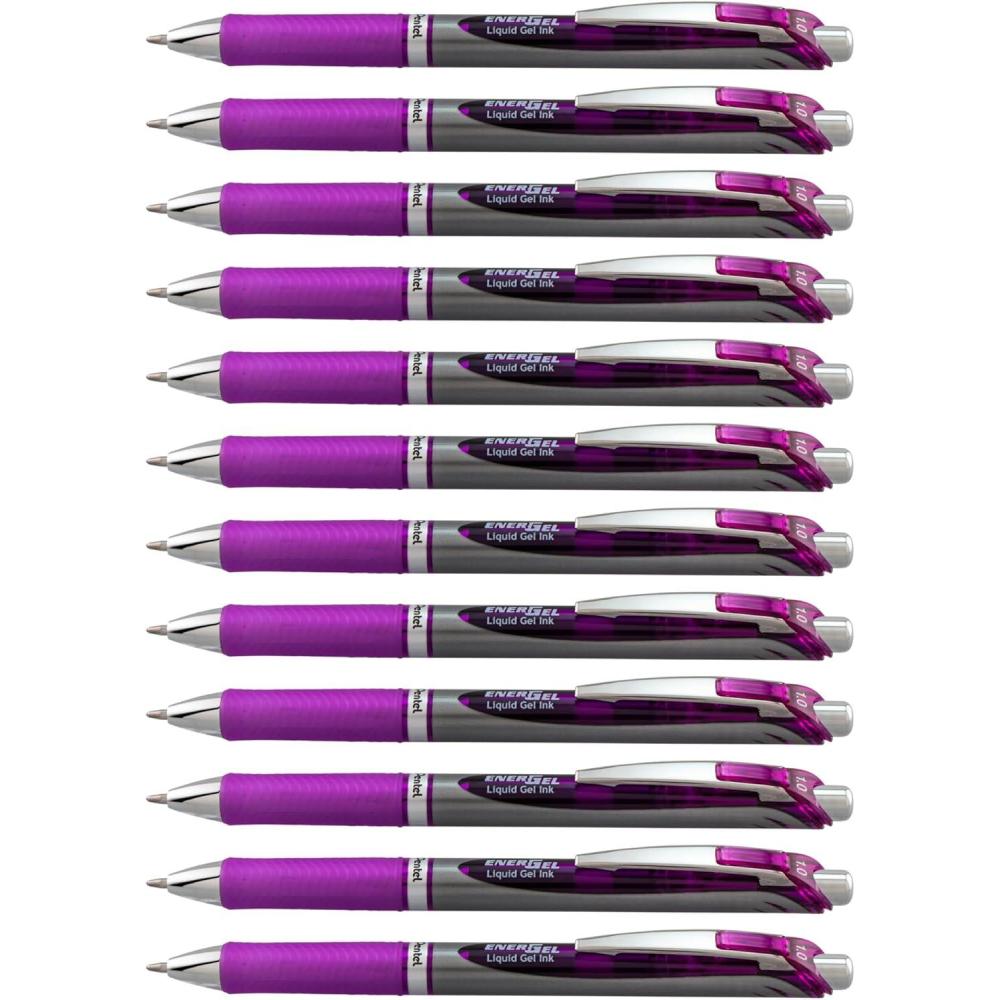 imageEnerGel RTX Retractable Liquid Gel Pens Bold Point 10 mm BlackSilver Barrel Black Ink Pack Of 12Violet
