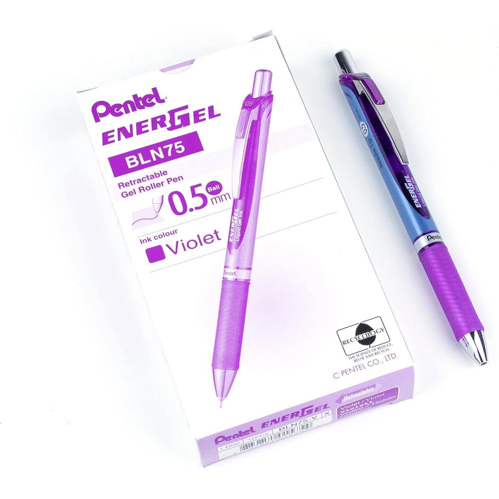 imagePentel EnerGel Deluxe RTX Retractable Liquid Gel Pens Fine Point 05 mm 54 Recycled Blue Barrel Black Ink Pack Of 12 PensViolet