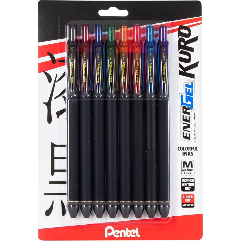 imagePentel EnerGel Kuro Liquid Gel Pen 07mm Medium line Assorted Ink Pack of 8 BL437R1BP8MPen