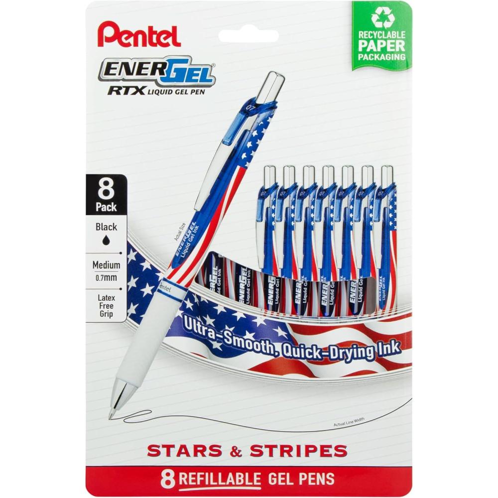 imagePentel EnerGel RTX Retractable Liquid Gel Pen Flag Barrel 07mm Metal Tip Medium Line Black Ink Pack of 8 Pens8 Count Pack of 1