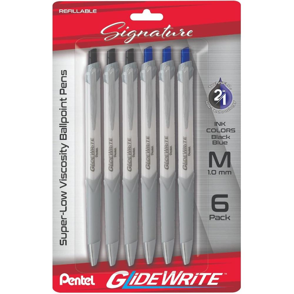 imagePentel Glidewrite Signature Ballpoint Pen with Smooth TechniFlo Ink  10mm Medium Point  6Pack of 3 Black Ink ampamp 3 Blue Ink Pens