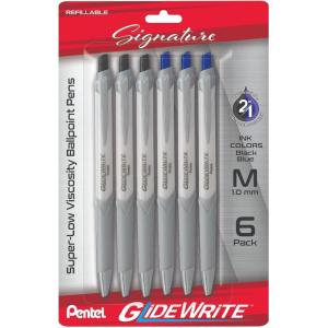 Pentel Glidewrite Signature Ballpoint Pen with Smooth TechniFlo Ink – 1.0mm Medium Point – 6-Pack of 3 Black Ink & 3 Blue Ink Pens