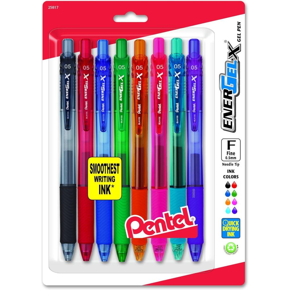 imagePentel EnerGelX Retractable Liquid Gel Pen 05mm Needle Tip Assorted Ink Pack of 8 BLN105BP8M