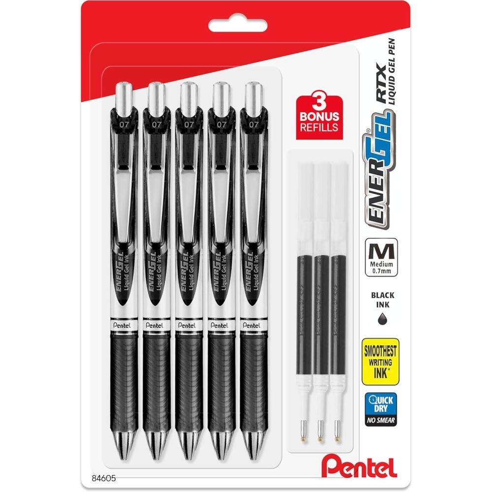 imagePentel Energel 07 mm Deluxe RTX Liquid Gel Ink Pens Metal Tip Pack of 5 Black Pens with 3 Refills