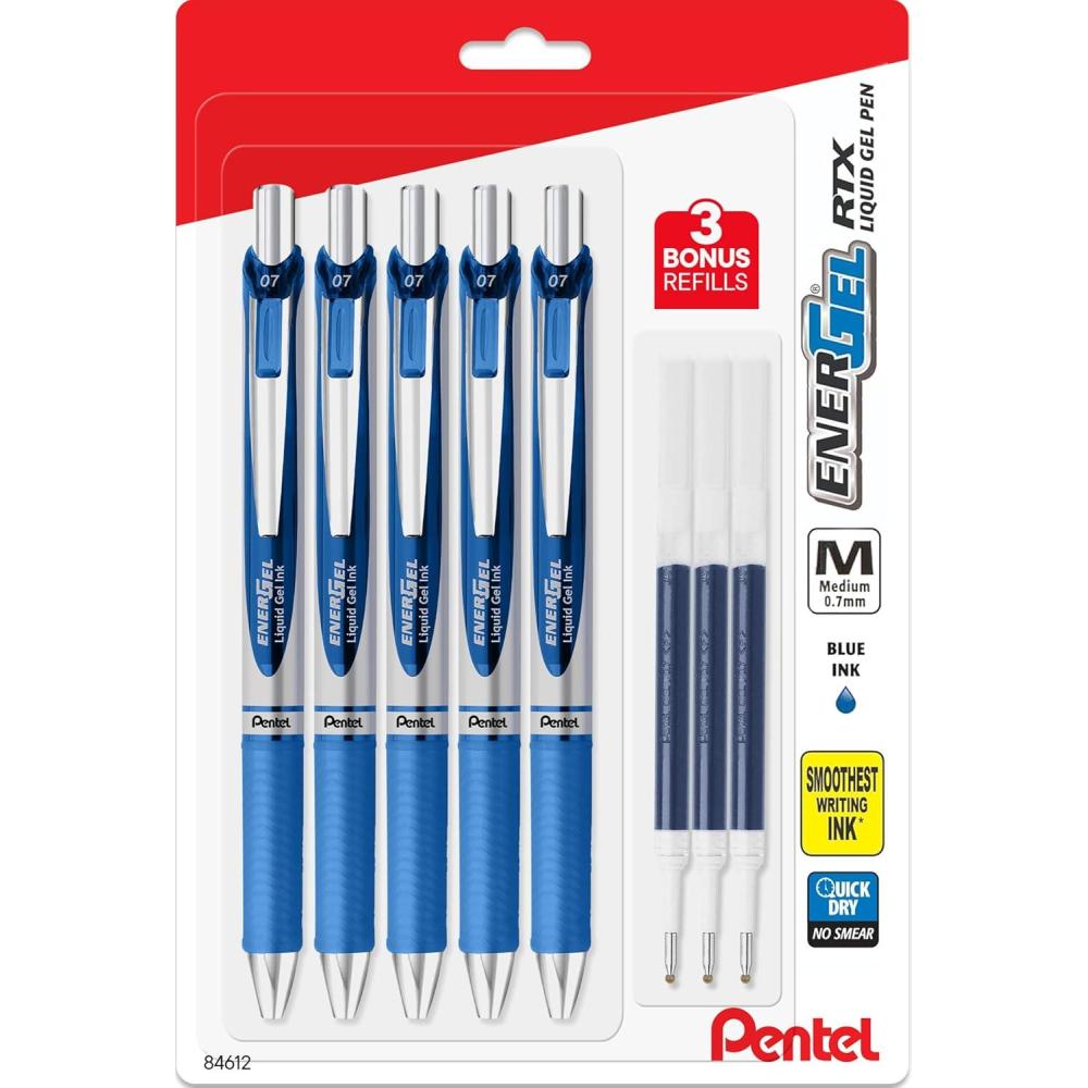imagePentel Energel 07 mm Liquid Gel Ink Pens Metal Tip Pack of 5 Blue Deluxe RTX Pens with 3 Refills