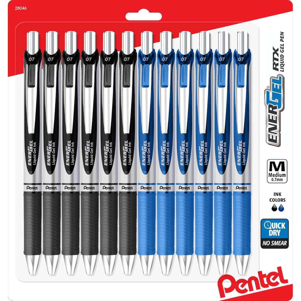 imagePentel Energel 07 mm Rtx Retractable 6 Black ampamp 6 Blue Ink Pens Metal Tip Medium Point Energel Liquid Gel Ink Pens 07 mm Pack of 1212