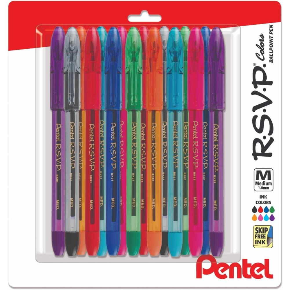 imagePentel Rsvp Pens Medium Point 10 mm 8 Assorted colors with LatexFree Rubber Grip for Comfortable Writing Pack of 16