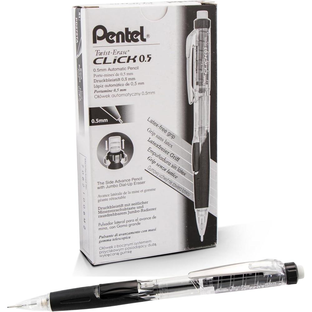 imagePentel Twist Erase CLICK Mechanical Pencil Pack of 12 05mm Clear Barrel Black Grip Box of 12 PD275TA
