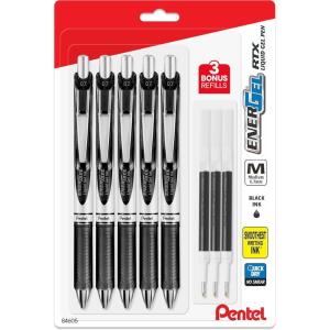 Pentel Energel 0.7 mm Deluxe RTX Liquid Gel Ink Pens, Metal Tip, Pack of 5 Black Pens with 3 Refills