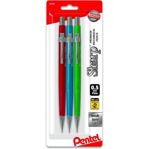 Pentel Sharp Mechanical Pencil, (0.5mm), Metallic Barrels, Assorted Colors (B/C/D), 3-Pk (P205MBP3M1)