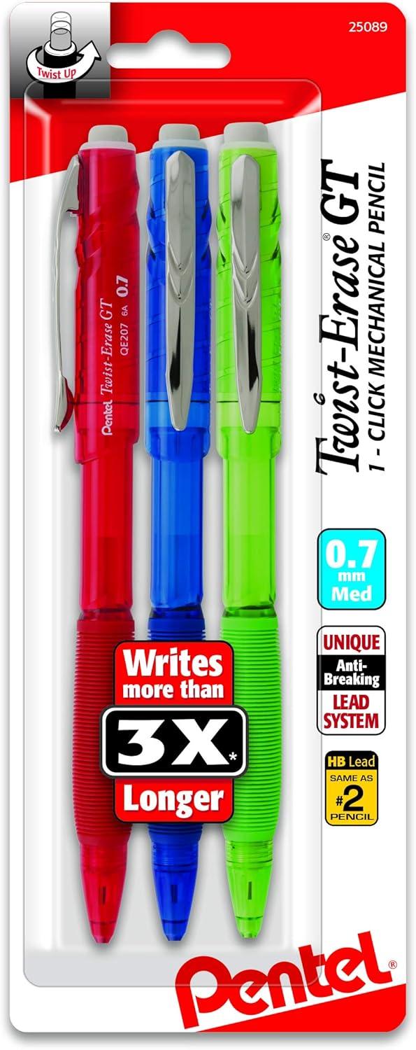 imagePentel TwistErase GT 07mm Mechanical Pencil Assorted Barrel Colors Color May Vary Pack of 3 QE207BP3M