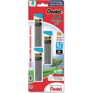 Pentel C27BPHB3K6 Super Hi-Polymer Lead Refills, 0.7mm, HB, Black 30/Tube, 3 Tubes/Pack, 90/PK (180)