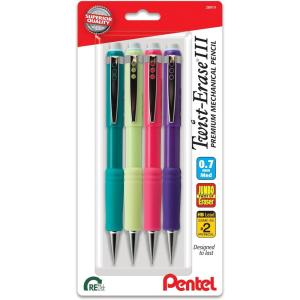 Pentel Twist-Erase III Mechanical Pencil, (0.7mm), Medium Line, Assorted Fashion Color Barrels, Pack of 4 (QE517FBP4M)