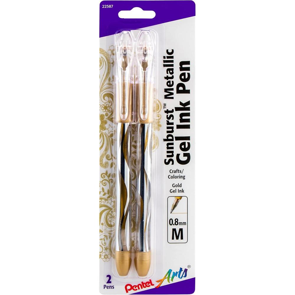 imagePentel Arts Sunburst Metallic Gel Pen Medium Line Permanent Gold Ink 2 Pack K908BP2XGold