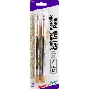 Pentel Arts Sunburst Metallic Gel Pen, Medium Line, Permanent, Gold Ink, 2 Pack (K908BP2X)(Gold)