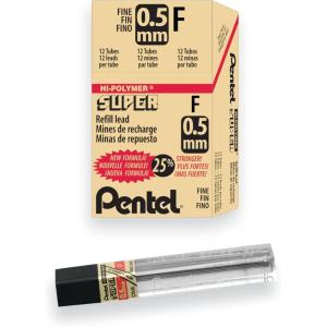 Pentel(R) Super Hi-Polymer(R) Leads, 0.5 mm, F, Medium, Black, Tube Of 12