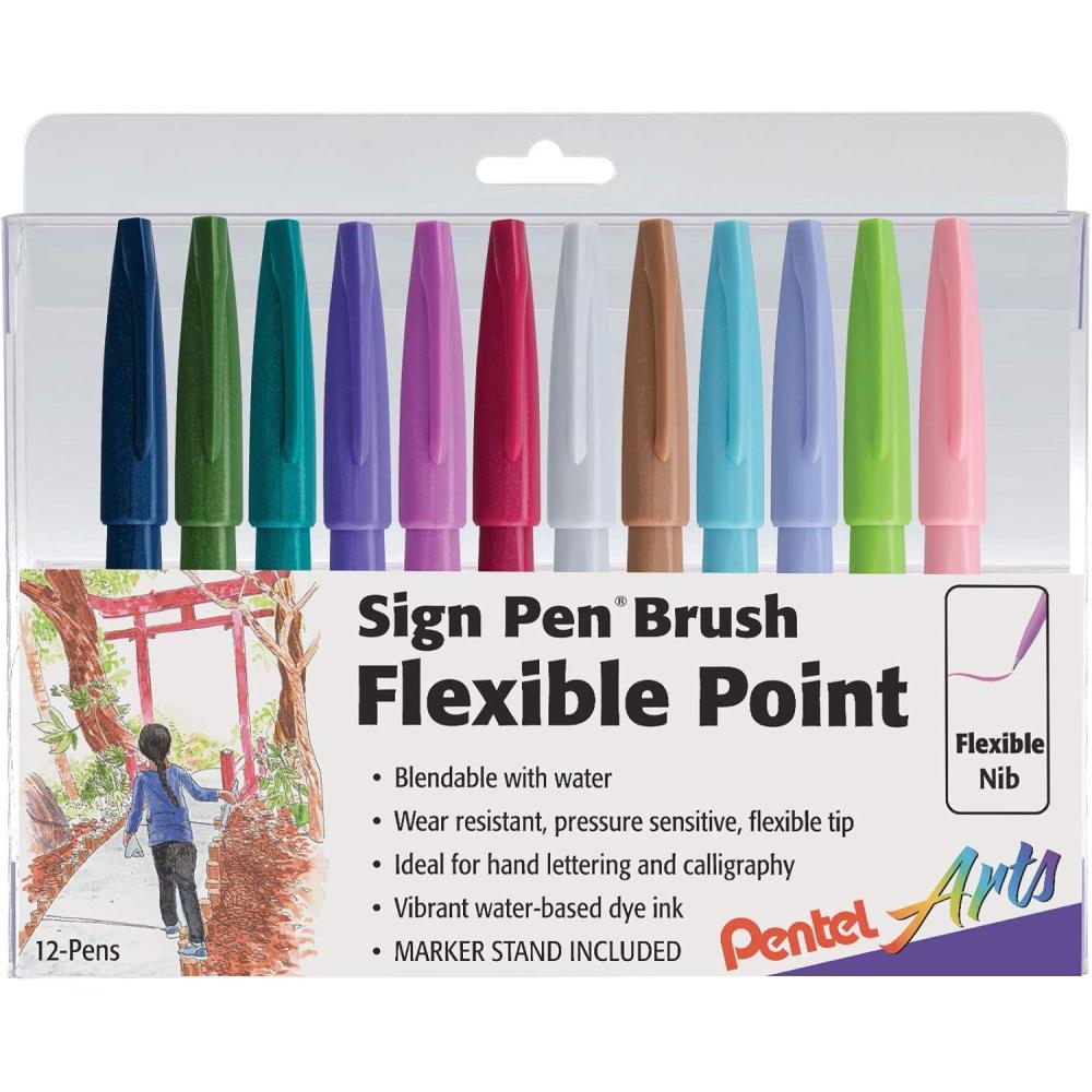 imagePentel Arts Sign Pen Brush Tip Assorted Colors 12 Pack Box SES15C2PC12Assorted 5
