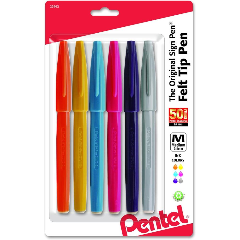 imagePentel Arts Sign Pen Brush Tip Assorted Ink 6Pk S520RBP6M