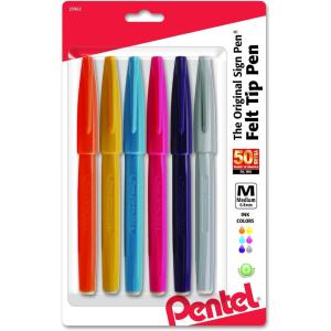 Pentel Arts Sign Pen Brush Tip, Assorted Ink, 6-Pk (S520RBP6M)