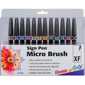 Pentel Arts Sign Pen Micro Brush Tip, Assorted Colors (A/B/C/D/E/F/G/N/P/S/V/Y), 12-PK Plastic Box (SESF30CPC12)(12 Count (Pack of 1))