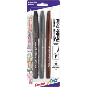 Pentel Arts Sign Pen Touch, Fude Brush Tip, Black/Grey/Sepia Pack of 3 (SES15PABP3M)(Black/Grey/Sepia)