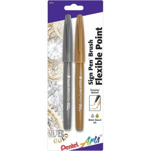 Pentel Arts Sign Pen Touch, Fude Brush Tip, Black/Grey/Sepia Pack of 3 (SES15PABP3M)(Gold/Silver)