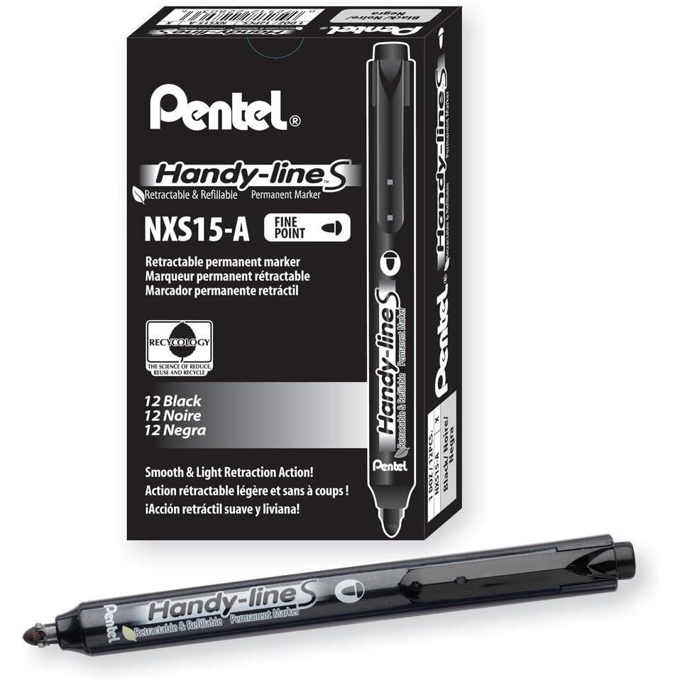 image:imagePentel Handyline S Retractable and Refillable Permanent Marker Bullet Tip Black Barrel Black Ink Box of 12 NXS15ABlack