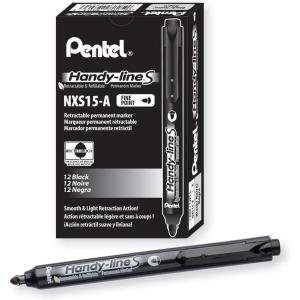 Pentel Handy-line S Retractable and Refillable Permanent Marker, Bullet Tip, Black Barrel, Black Ink, Box of 12 (NXS15-A)(Black)
