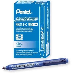 Pentel Handy-line S Retractable and Refillable Permanent Marker, Bullet Tip, Black Barrel, Black Ink, Box of 12 (NXS15-A)(Blue)