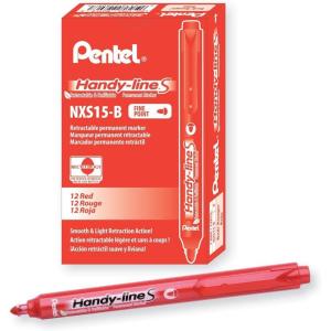 Pentel Handy-line S Retractable and Refillable Permanent Marker, Bullet Tip, Black Barrel, Black Ink, Box of 12 (NXS15-A)(Red)