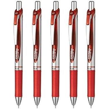 image:imagePentel Energel Retractable Ballpoint PenBLN75ZB Extra Fine Point 05mm Needle Tip Red Ink Silver Body Value Set of 5