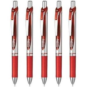 Pentel Energel Retractable Ballpoint Pen(BLN75Z-B), Extra Fine Point 0.5mm Needle Tip, Red Ink, Silver Body, Value Set of 5