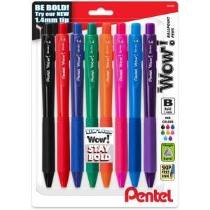 Pentel Wow! Retractable Ballpoint Pen, (1.4mm) Bold Line, Assorted Ink Colors, 8 Pack (BK444BP8M)