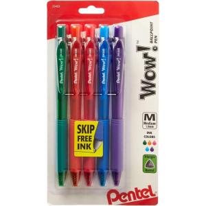 Pentel WOW! Colors Retractable Ballpoint Pens, Medium Line, Assorted Ink, 5 Pack (BK440CRBP5M)(5 Count (Pack of 1))