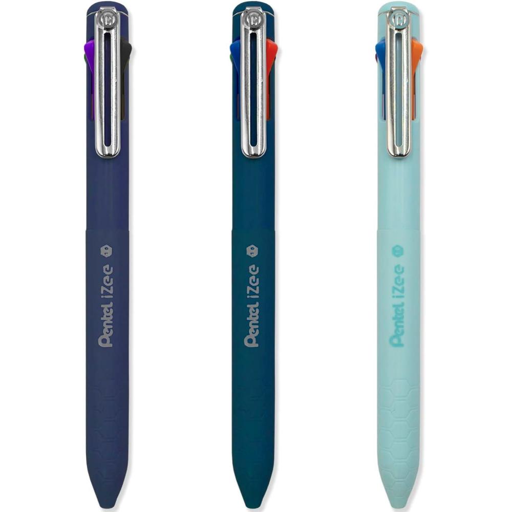 image:imagePentel iZee 4 Colour Ballpoint Pen Deep Blue Deep Violet amp Sky Blue Barrels Multi Ink Pack of 3
